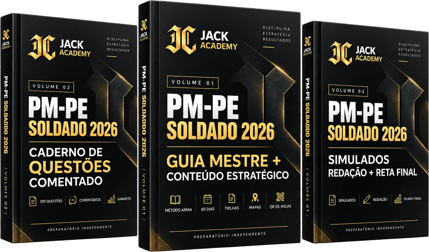 Os três volumes da Coleção PM-PE Soldado 2026: Caderno de Questões Comentado, Guia Mestre + Conteúdo Estratégico e Simulados, Redação + Reta Final