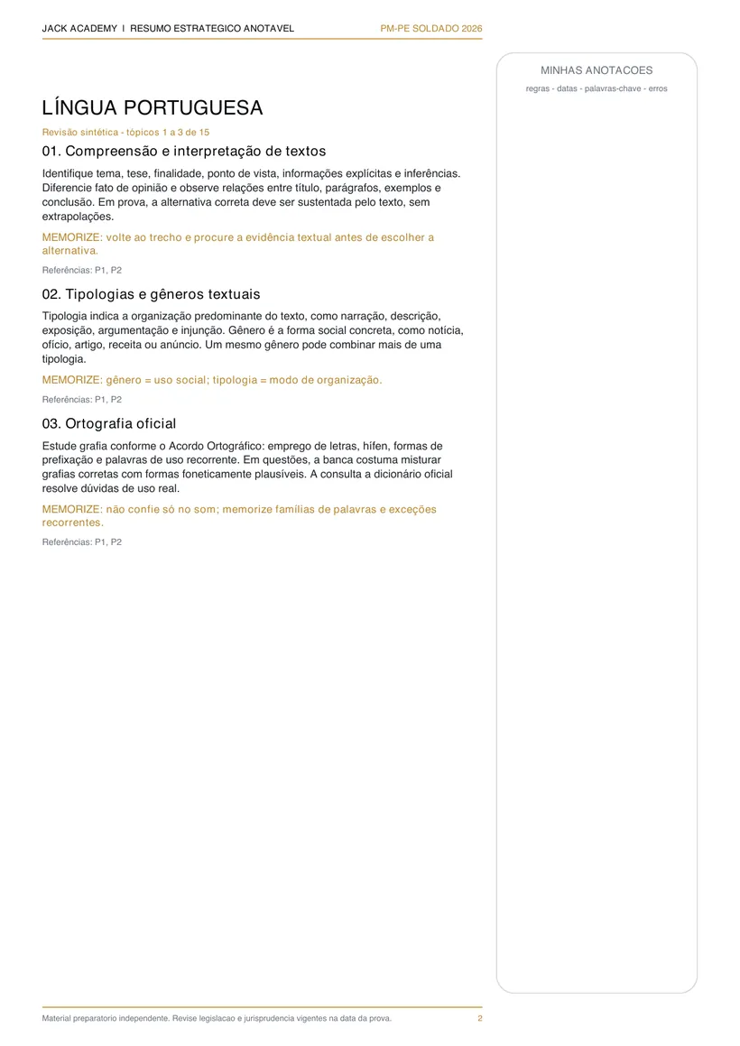 Página do resumo estratégico anotável: texto de revisão por assunto e coluna em branco para anotações