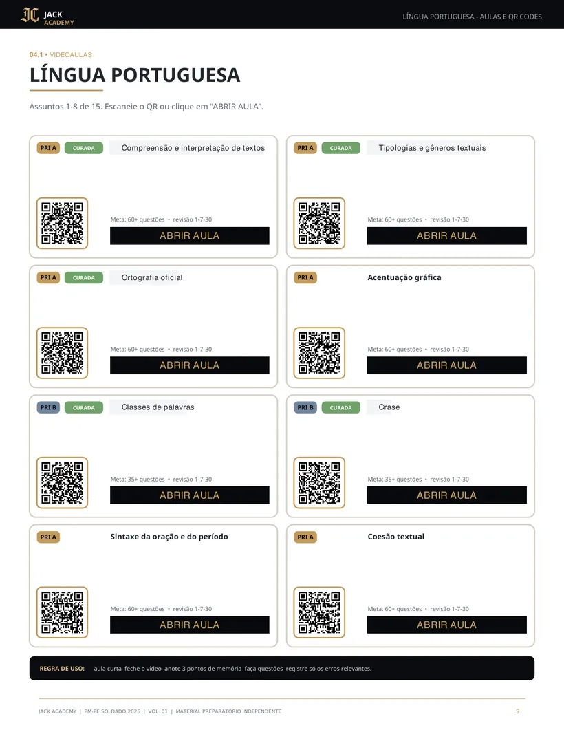 Página do Volume 01 com os assuntos de Língua Portuguesa, cada um com QR Code da videoaula e meta de questões
