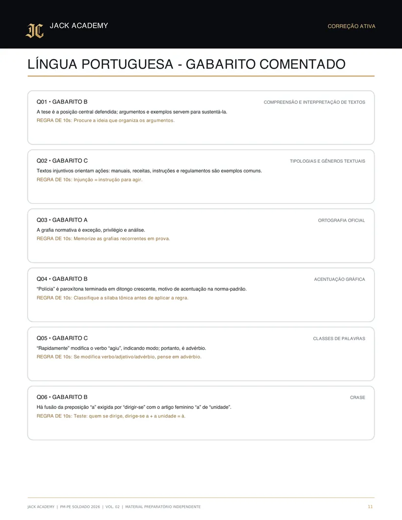 Página do Volume 02 com o gabarito comentado de Língua Portuguesa e a Regra de 10 segundos de cada questão