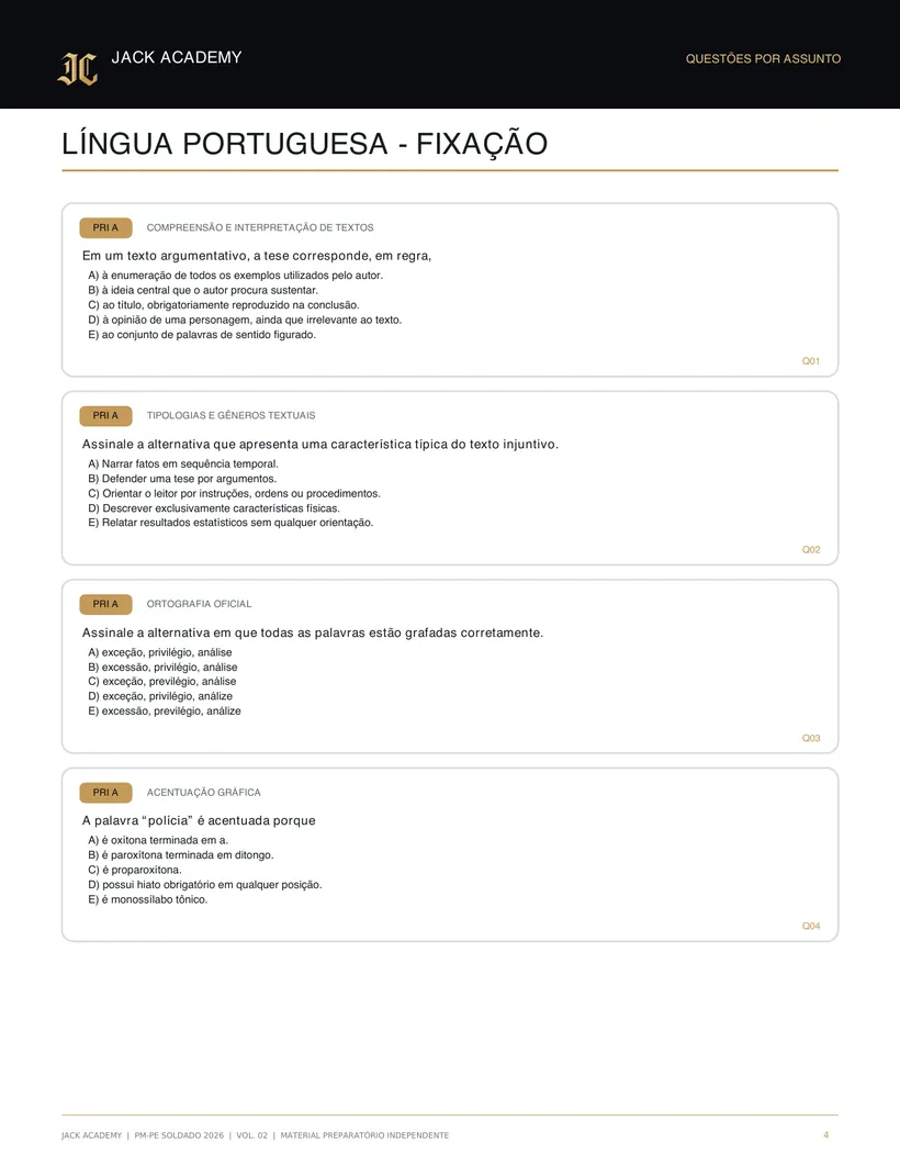 Página do Volume 02 com questões de fixação de Língua Portuguesa, marcadas por prioridade e assunto