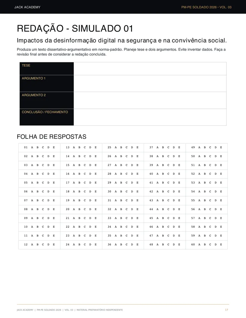 Página do Volume 03 com o tema de redação do Simulado 01, o planejamento da tese e a folha de respostas
