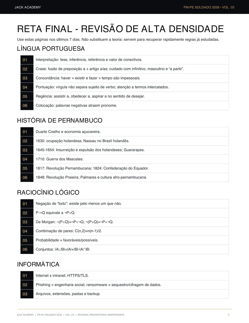 Página do Volume 03 com a revisão de alta densidade por disciplina para os últimos dias