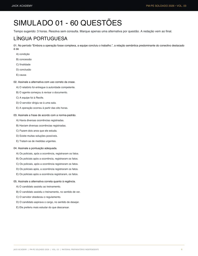 Página do Volume 03 com o início do Simulado 01, de 60 questões